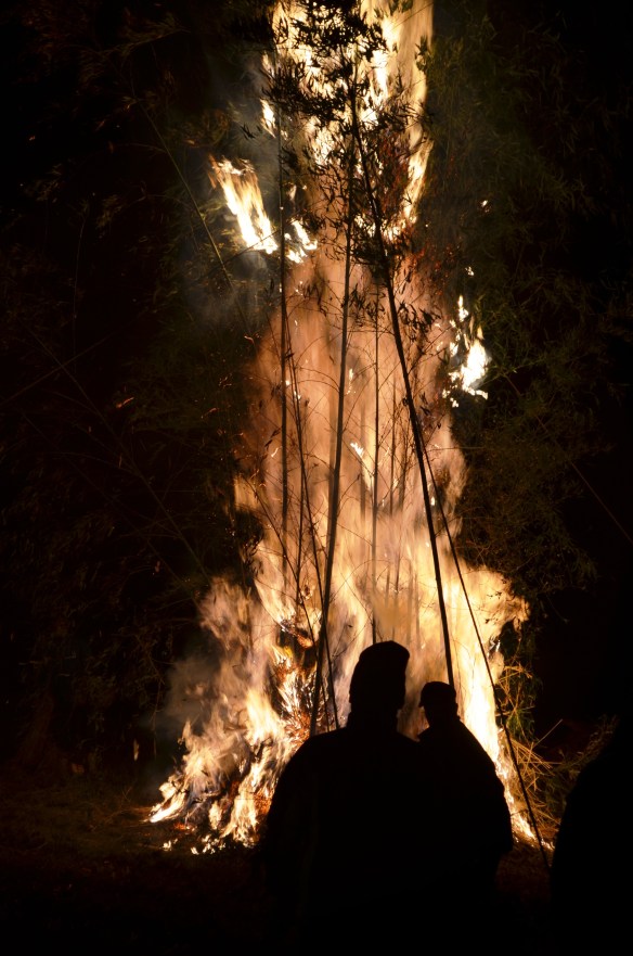 大きく燃え上がった炎に乗って神様のお立ちですみんなこの火にあたって今年一年の無病息災を祈ります